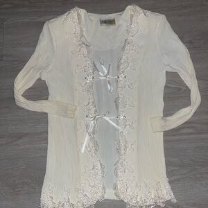 S.L. Fashions White Lace-Trim Sheer Cardigan Robe